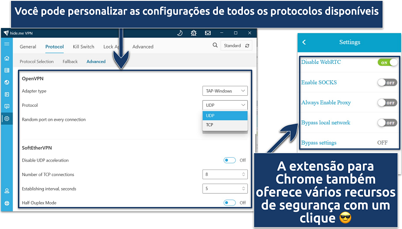 Image showing the protocol settings of hide.me app and settings of hide.me chrome extension