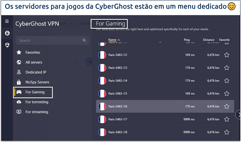 Screenshot of CyberGhost specialized servers for gaming