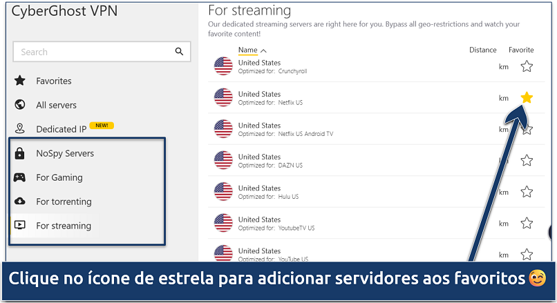 Screenshot of CyberGhost's list of specialized servers
