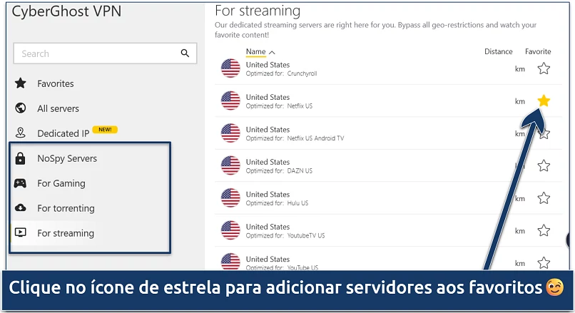 Screenshot of CyberGhost's list of specialized servers