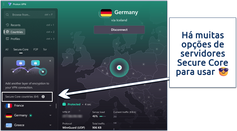 Screenshot of Proton VPN Windows app dashboard showing Secure Core servers