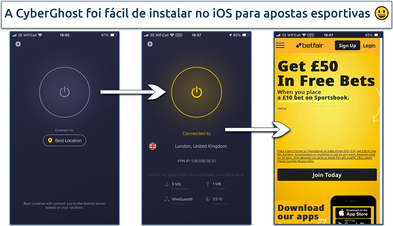 Screenshot showing how to connect to CyberGhost for betting on mobile