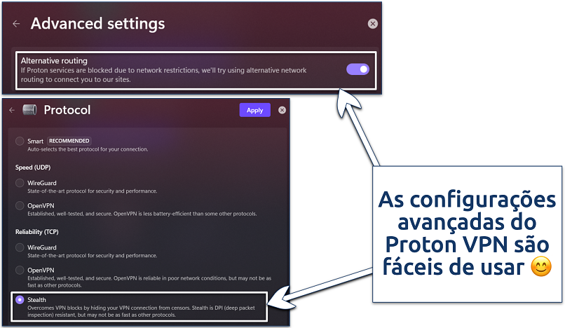 Screenshot of Proton VPN's Alternative routing and Stealth VPN settings