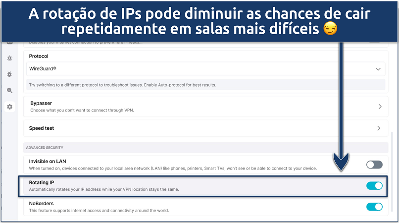 Screenshot of Surfshark's settings menu highlighting the IP rotation feature