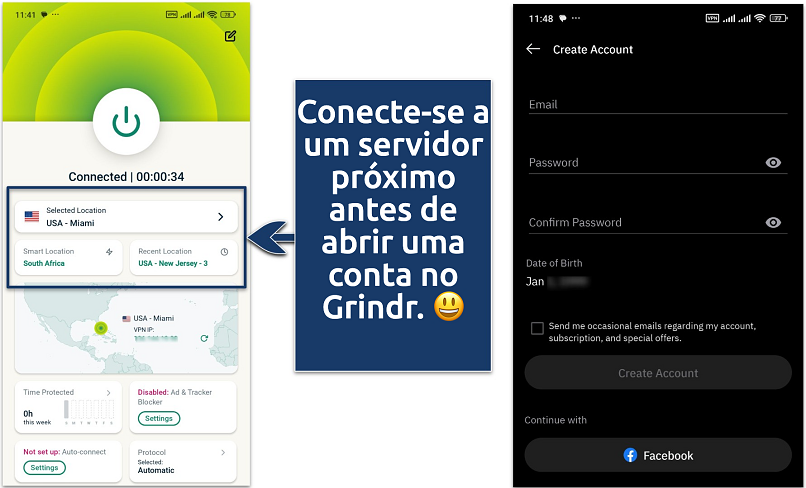 An image of connected VPN and Grindr app sign up page