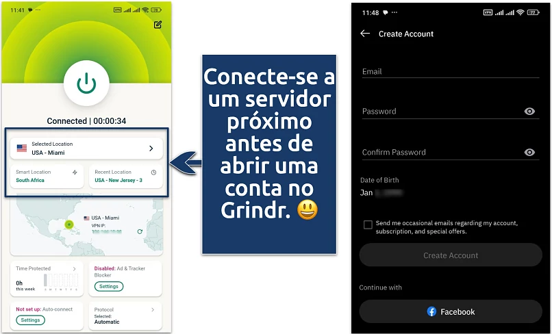 An image of connected VPN and Grindr app sign up page