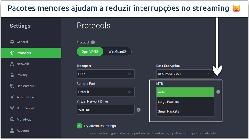 Screenshot of PIA’s app showing available connection settings under the OpenVPN protocol