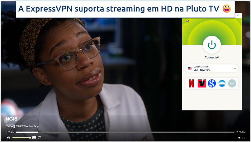 Screenshot of streaming a NCIS on Pluto TV while connected to ExpressVPN's New York server