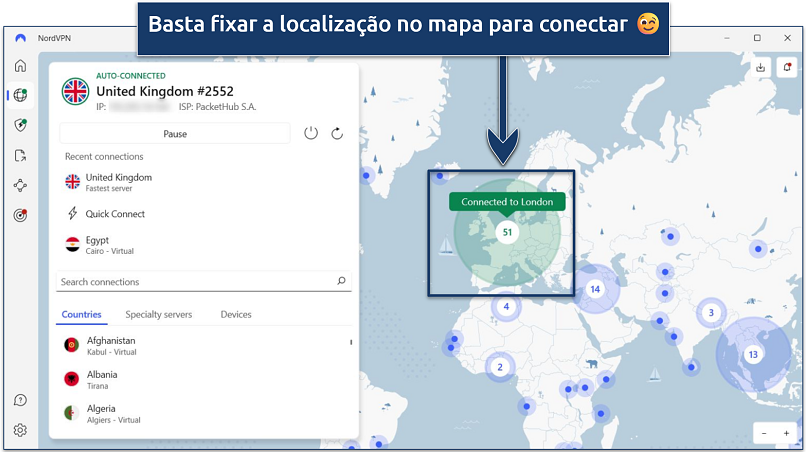 Screenshot of the NordVPN Windows app with a connection to its London, UK server