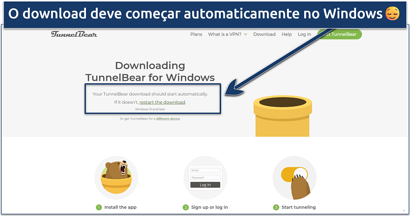 Screenshot showing how to download TunnelBear for Windows