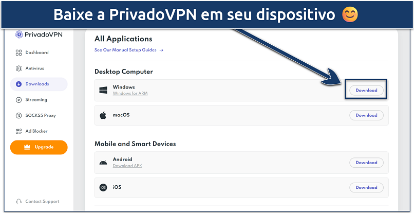 Screenshot of the free VPN download page of PrivadoVPN