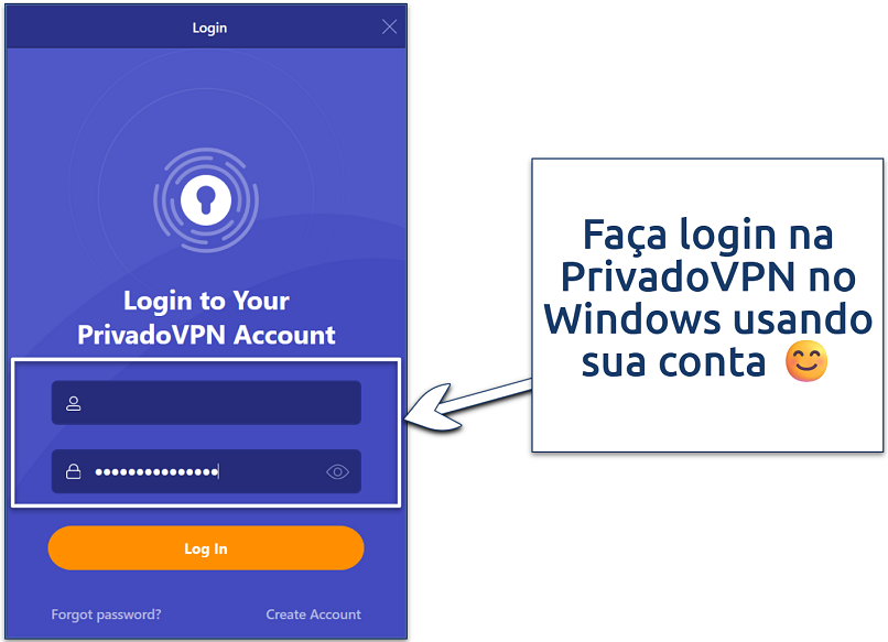Screenshot of logging into PrivadoVPN Windows app